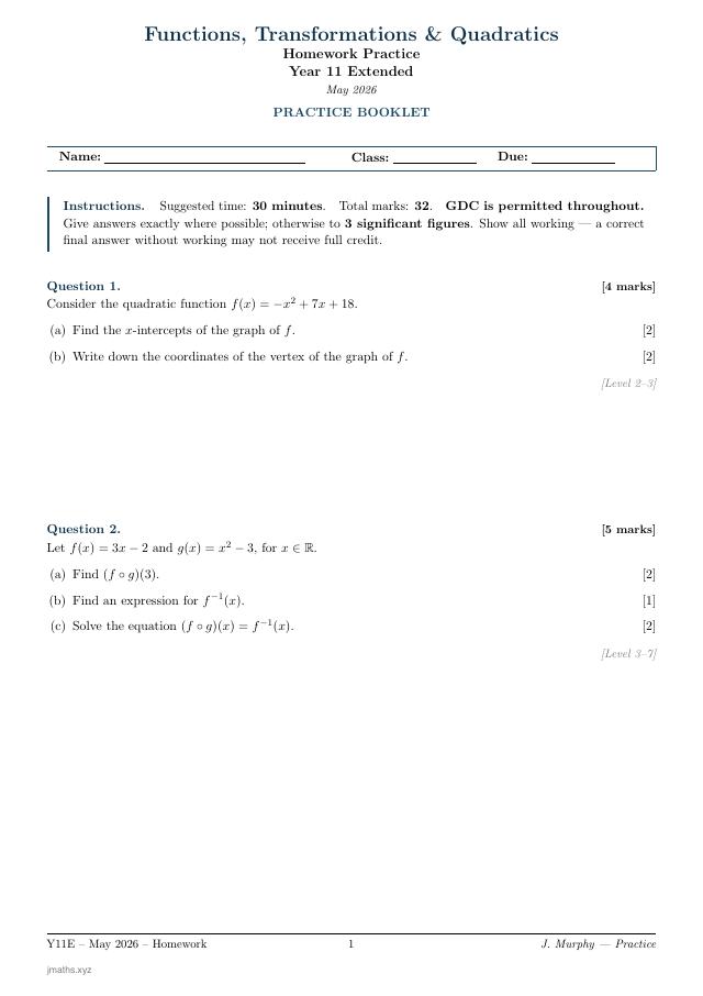 Functions & Quadratics Quiz preview