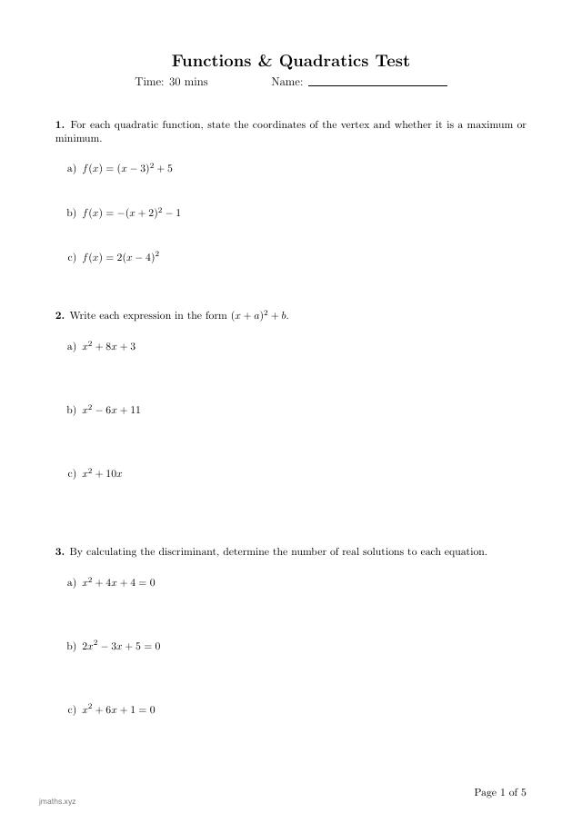 Functions & Quadratics Test preview